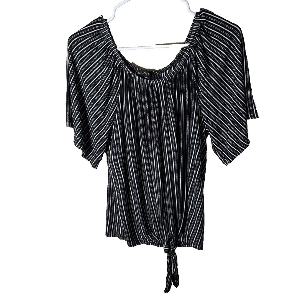 Kim & Cami Blouse Women's Medium Round Neck Short Sleeve Tie Casual Top